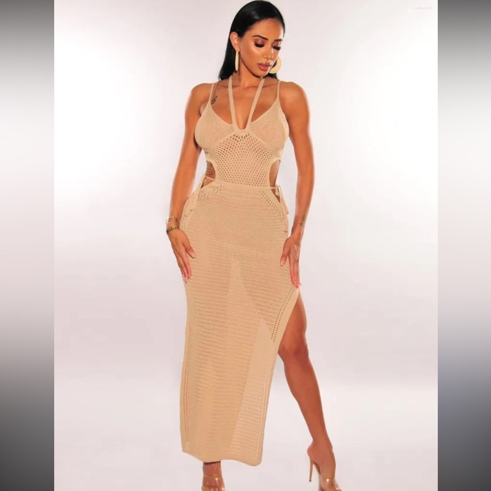 Hera Collection Beige Knit Cutout Maxi Dress with slit size small